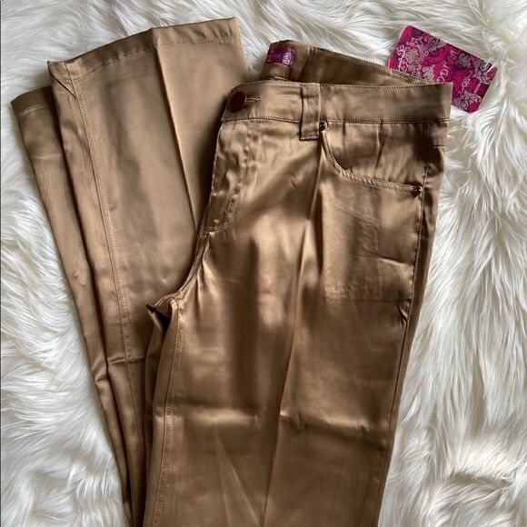 NWT Golden Khaki Nude Satin Shiny Flare Pants - Picture 14 of 14